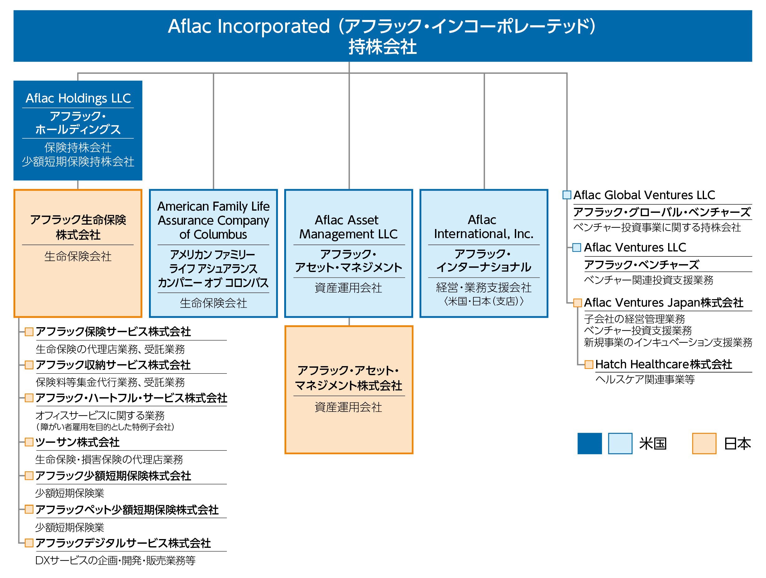 Aflac Incorporated（アフラック・インコーポレーテッド） 持株会社 Aflac Holdings LLC アフラック・ホールディングス 保険持株会社 少額短期保険持株会社 アフラック生命保険株式会社 生命保険会社 アフラック保険サービス株式会社 生命保険の代理店業務、受託業務 アフラック収納サービス株式会社 保険料等集金代行業務、受託業務 アフラック・ハートフル・サービス株式会社 オフィスサービスに関する業務（障がい者雇用を目的とした特例子会社） ツーサン株式会社 生命保険・損害保険の代理店業務 SUDACHI少額短期保険株式会社 少額短期保険業 アフラックペット少額短期保険株式会社 少額短期保険業 アフラックデジタルサービス株式会社 DXサービスの企画・開発・販売業務等 American Family Life Assurance Company of Columbus アメリカン ファミリー ライフ アシュアランス カンパニー オブ コロンバス 生命保険会社 Aflac Asset Management LLC アフラック・アセット・マネジメント 資産運用会社 アフラック・アセット・マネジメント株式会社 資産運用会社 Aflac International, Inc. アフラック・インターナショナル 経営・業務支援会社＜米国・日本（支店）＞ Aflac Global Ventures LLC アフラック・グローバル・ベンチャーズ ベンチャー投資事業に関する持株会社 Aflac Ventures LLC アフラック・ベンチャーズ ベンチャー関連投資支援業務 Aflac Ventures Japan株式会社 子会社の経営管理業務 ベンチャー投資支援業務 新規事業のインキュベーション支援業務 Hatch Healthcare株式会社 ヘルスケア関連事業等